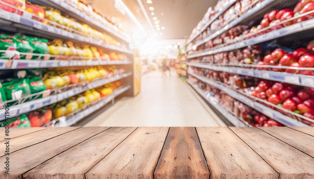 Empty wood table top with abstract supermarket grocery store aisle blurred defocused background with bokeh light for product display