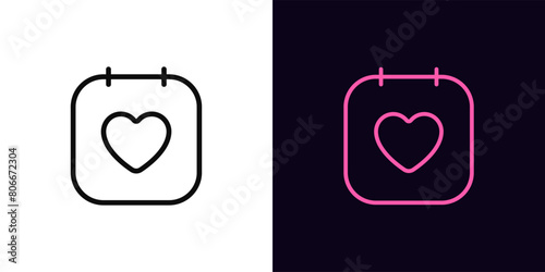 Outline love dating icon, with editable stroke. Calendar page with heart sign. Wedding day, love meeting, dating app, birthday date reminder, favorite event planner, romantic appointment. Vector icon
