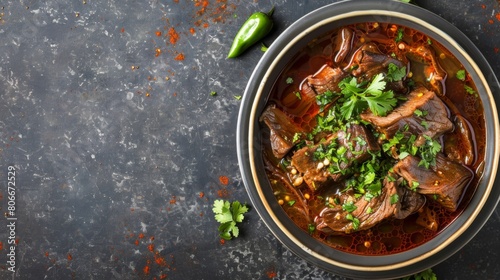 Bowl filled with Mexican-style Birria meat and vegetables on wooden table photo