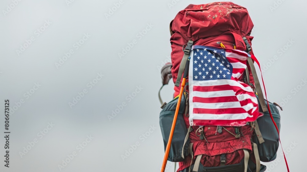 The American flag on a backpack, illustrating the adventurous spirit of exploring America's natural wonders, set against a minimalist background