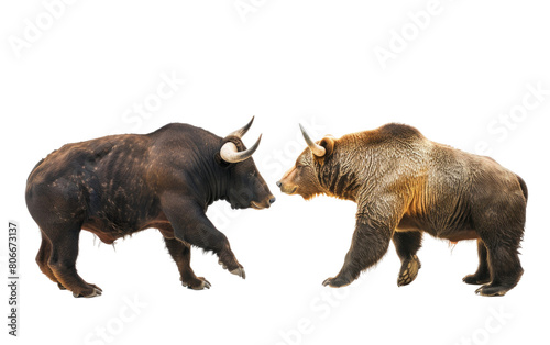 The Clash of Bulls and Bears on a Blank Canvas, Alone on a White Background