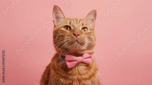 Elegant ginger cat in a bow tie on a pink background