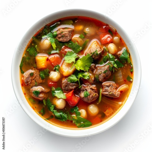 A bowl filled with Mexican food Caldo Tlalpeno with meat and vegetables