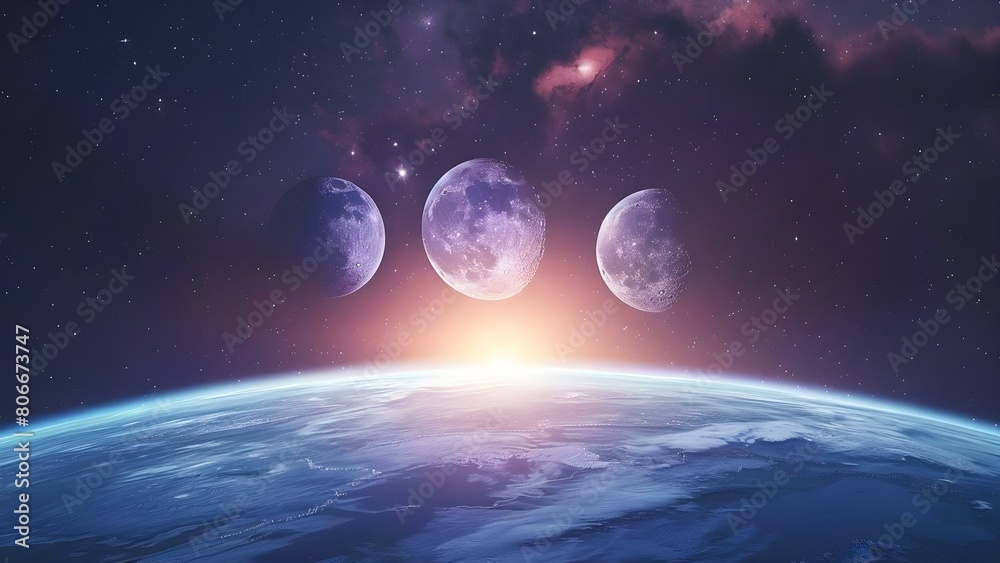 Three Moons Cast a Purple Glow on a Blue Planet at Sunrise. Concept Science Fiction, Planetary Alignment, Purple Glow, Sunrise Beauty, Imaginary Landscape