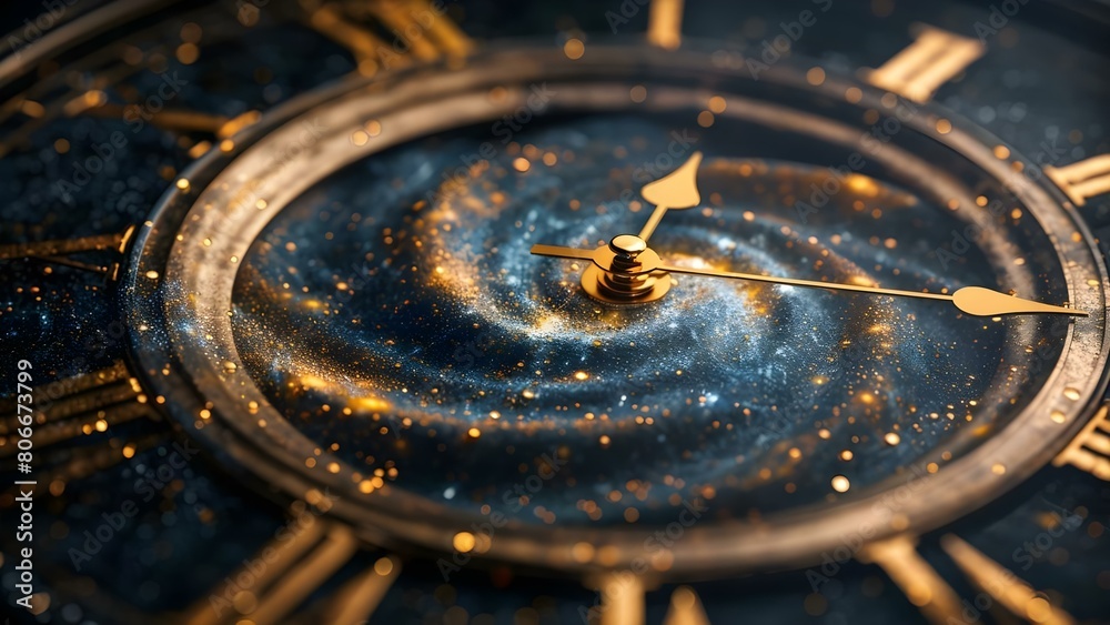 Clock Face Depicts Swirling Galaxy of Cosmic Dust Representing Infinite Vastness and Mystery. Concept Space exploration, Cosmic beauty, Galaxies, Infinite universe, Mystery of the cosmos