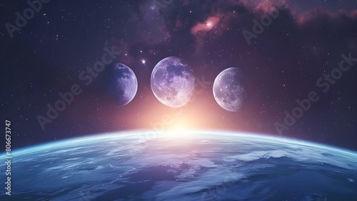 Three Moons Cast a Purple Glow on a Blue Planet at Sunrise. Concept Science Fiction, Planetary Alignment, Purple Glow, Sunrise Beauty, Imaginary Landscape photo