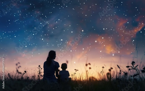 A Mother and Child Reflecting Under the Stars  Generative ai.