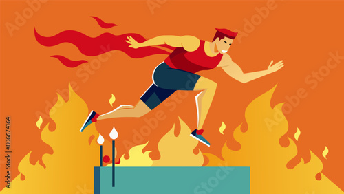 A competitor jumping over a wall of flames in the final challenge of the Summer CrossFit Games determined to come out victorious.. Vector illustration