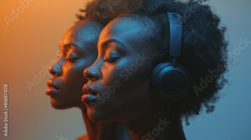 Two women wearing headphones while listening to music together