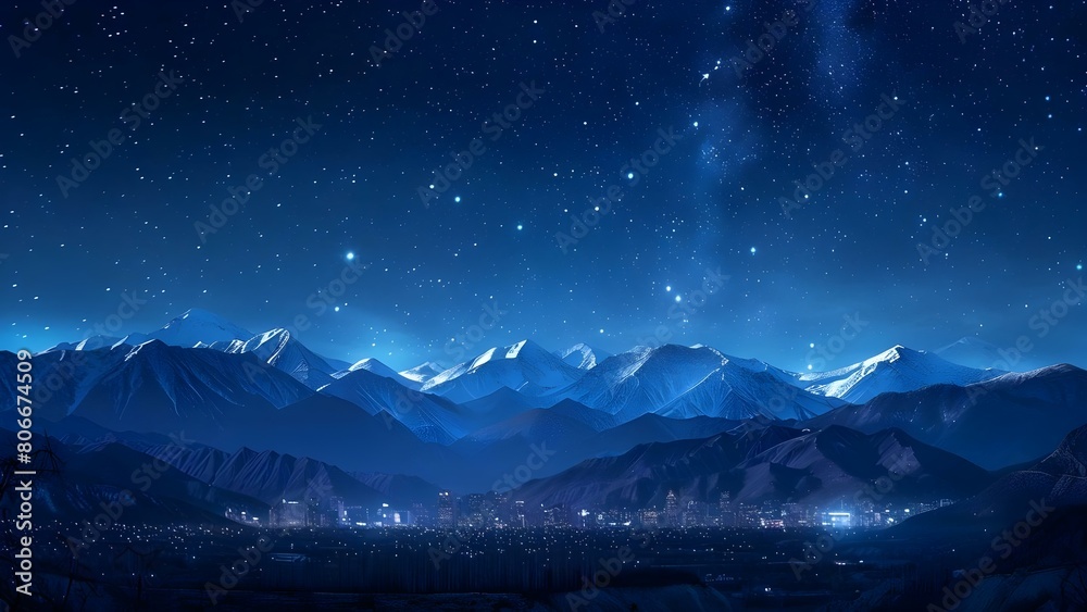 Fototapeta premium City skyline at night with stars, alpine mountains, and dark blue sky. Concept Night Photography, Skyline Views, Alpine Scenery, Starry Night Sky