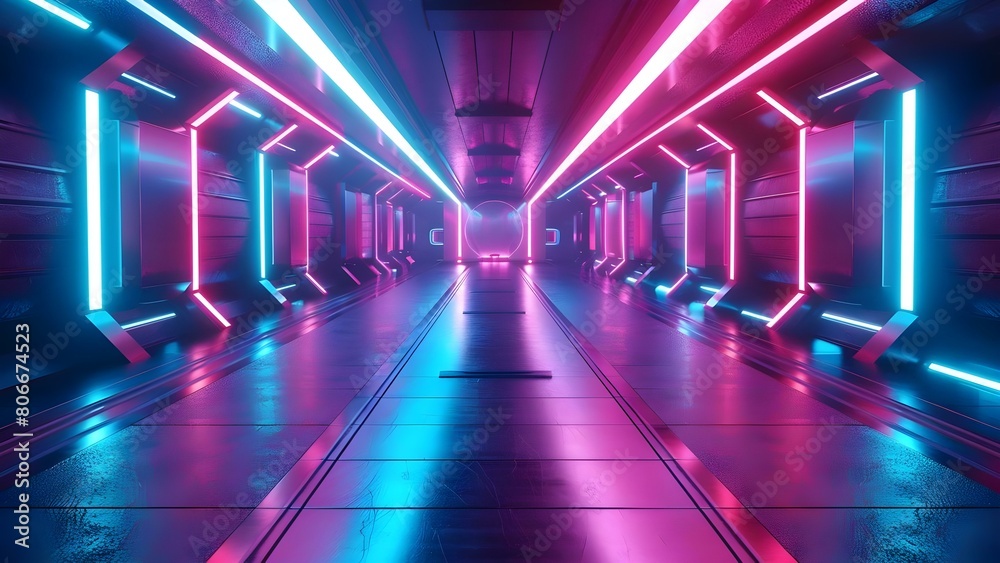 3D rendering of futuristic spaceship corridor with neon lights and cyberpunk vibes. Concept 3D Rendering, Futuristic Spaceship, Neon Lights, Cyberpunk Vibes
