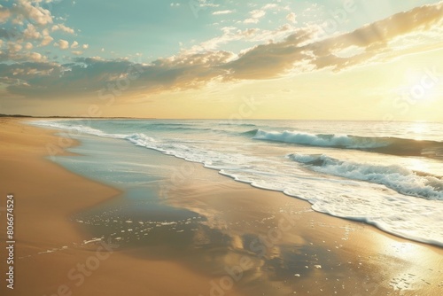 Golden sunlight reflecting on gentle ocean waves and sandy beach