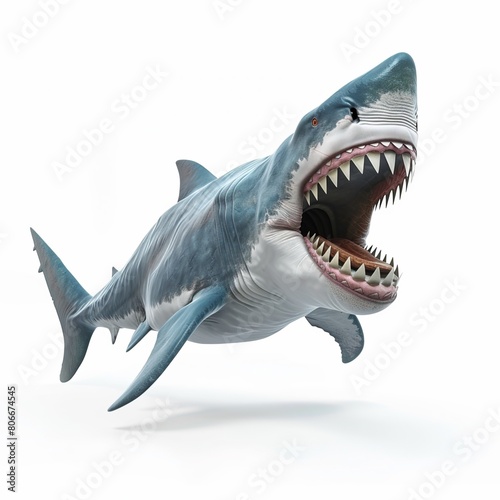 3D rendering cartoon of a megalodon shark swimming in ancient oceans  on white background. --v 6 Job ID  0c26a233-fd77-459b-bc36-b0ac9cb9414c