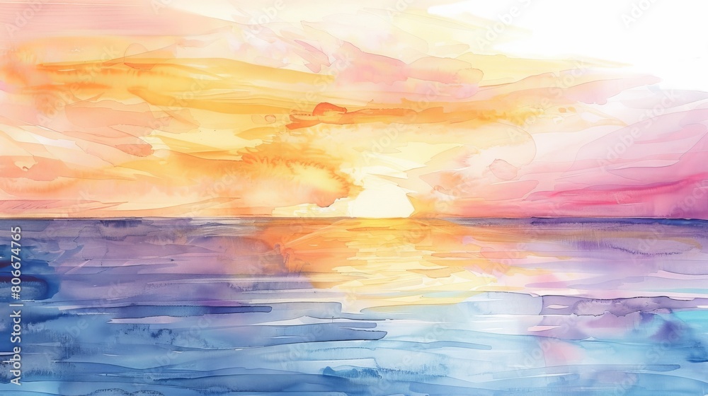 Vibrant watercolor of a sunset over a tranquil lake, the colors melting into each other to form a soothing scene perfect for a dental clinic's decor