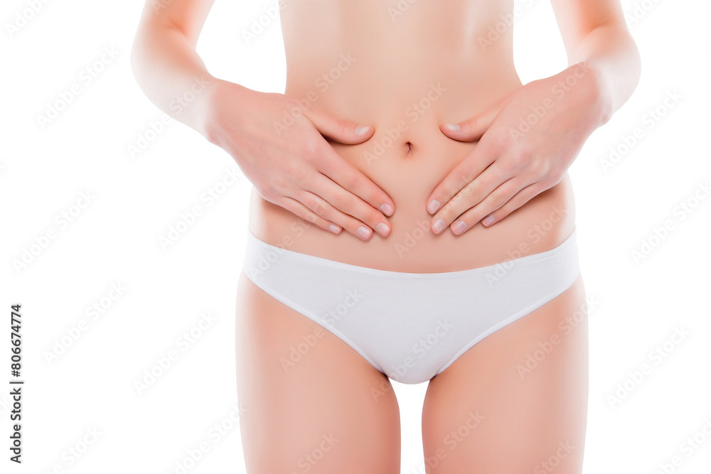 Calories anorexic lose mass concept. Cropped close up photo of flat skinny thin smooth flawless perfect ideal belly, hands touching stomach wearing white underclothes isolated on white background