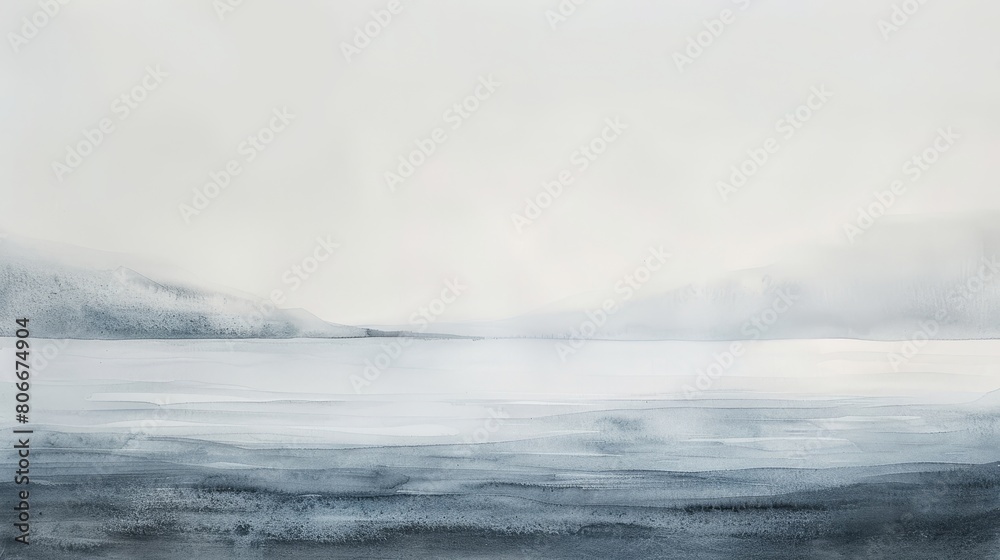 Minimalist watercolor of a misty coastline, the horizon barely visible through the soft fog, ideal for setting a calm and restful mood