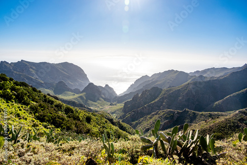 Spain, Canary Islands, Valley in Teno Mountains with cacti growing in foreground photo