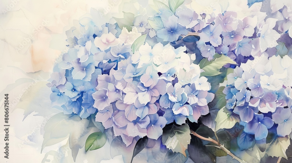 Serene watercolor of pastel hydrangeas, the clusters of flowers adding a touch of soft elegance and comfort to the clinic's decor Serene watercolor of pastel hydrangeas, the clusters of flowers adding a touch of soft elegance and comfort to the clinic's decor