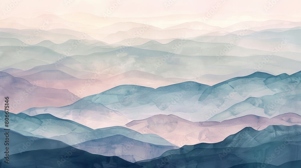 Soft watercolor illustration of a mountain landscape at dusk, the layers of hills in calming hues helping patients feel at ease