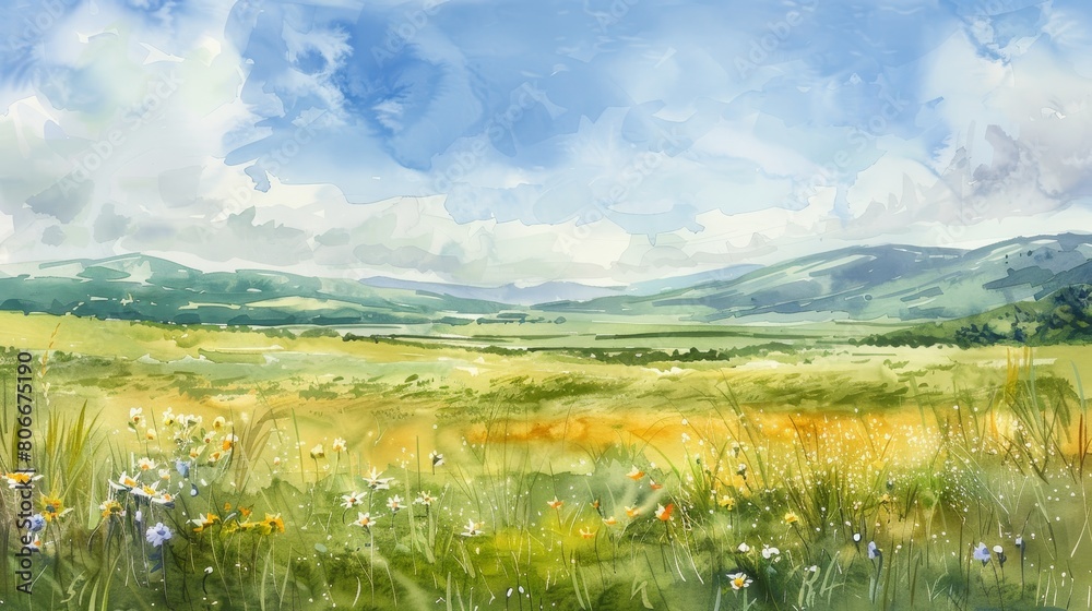Soft watercolor of a highland meadow filled with wildflowers, the breeze visible in the fluid strokes of color, comforting patients
