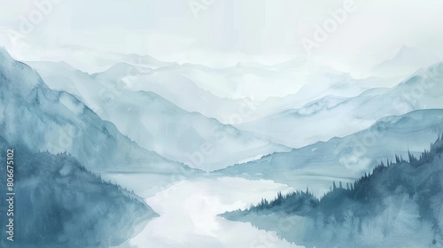 Serene watercolor of a misty mountain vista  the cool  muted tones providing a backdrop of tranquility and beauty for dental patients