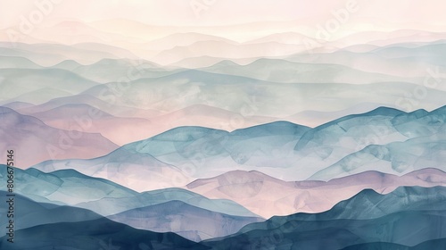 Soft watercolor illustration of a mountain landscape at dusk  the layers of hills in calming hues helping patients feel at ease