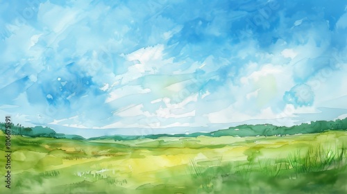 Tranquil watercolor of an open field under a clear sky  the simplicity of the scene fostering a sense of openness and relaxation