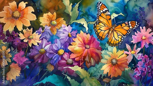 Vibrant watercolor of a butterfly garden, the flutter of wings among colorful blooms lifting spirits and enhancing the clinic's aesthetic