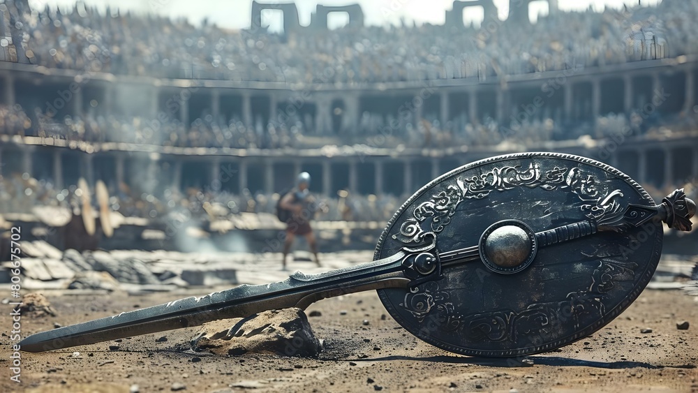 The Enigmatic Gladiator Weapons in a Post-Battle Arena Setting. Concept Battlefield Antiques, Gladiator Armor, Historic Weaponry, Post-Battle Scenes The Enigmatic Gladiator Weapons in a Post-Battle Arena Setting. Concept Battlefield Antiques, Gladiator Armor, Historic Weaponry, Post-Battle Scenes