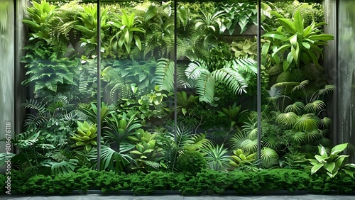 3D rendering of green plants behind glass for interior decor 1450x2500mm. Concept 3D Rendering, Interior Decor, Green Plants, Glass Background, 1450x2500mm