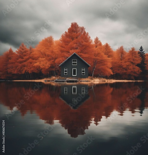 A House On A Lake Surrounded by trees 