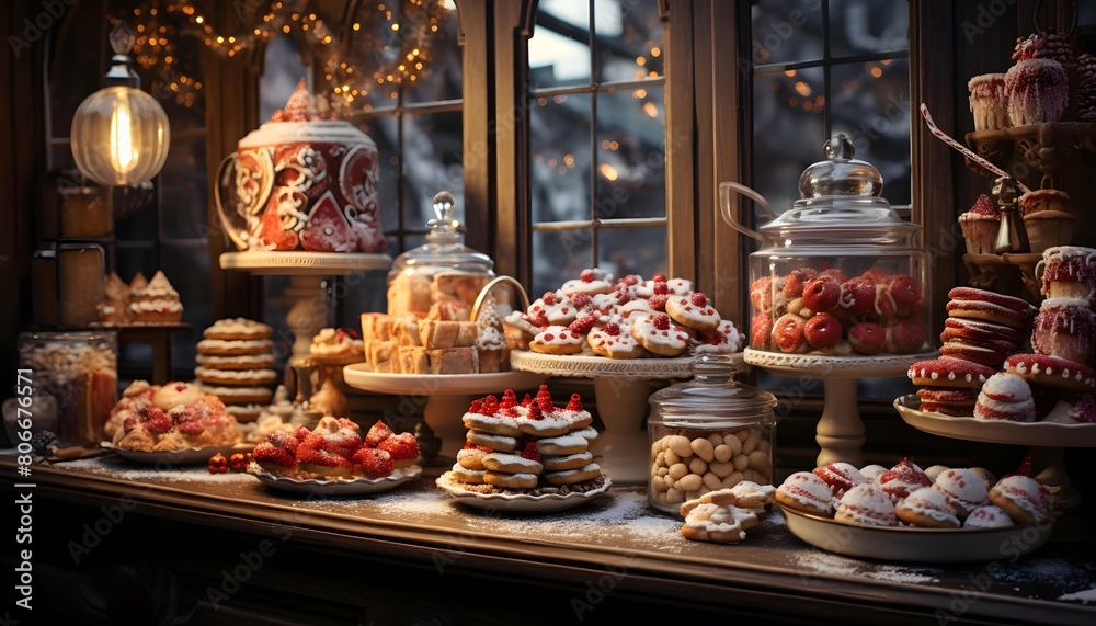 A wide shot of a selection of delicious cookies in a shop window