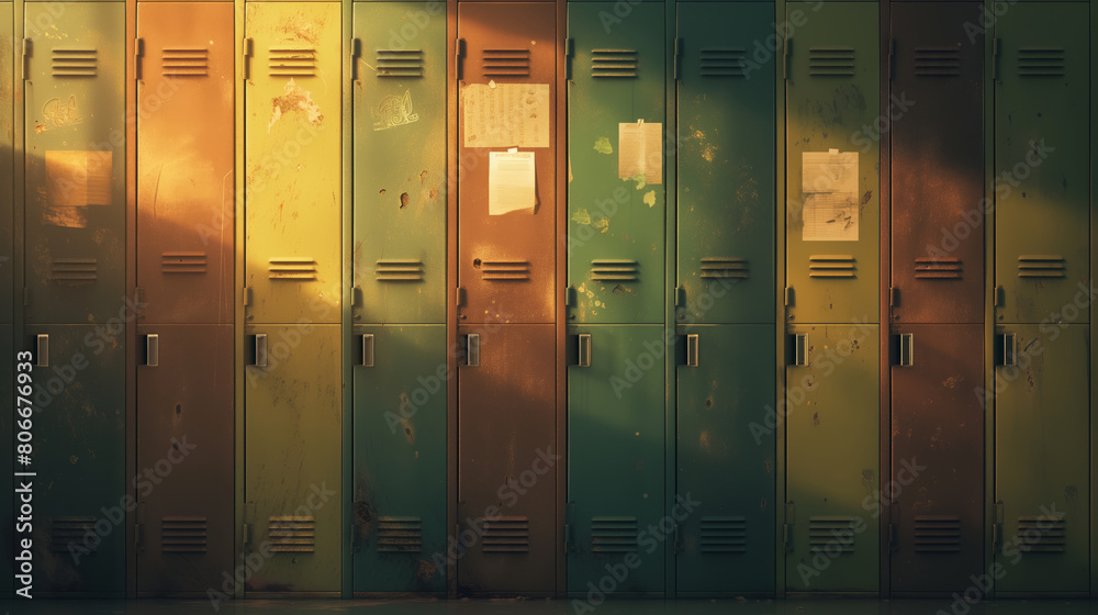 row of old metal lockers with yellow, green, and brown doors