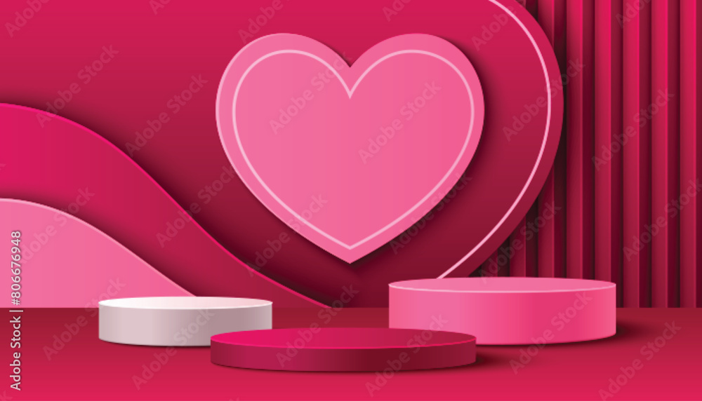 Pink background with cylinder product podium and heart shape on wall for Valentine Day congratulation or sale promo banner. Realistic 3d vector bg with love and romantic symbol and stage platform.