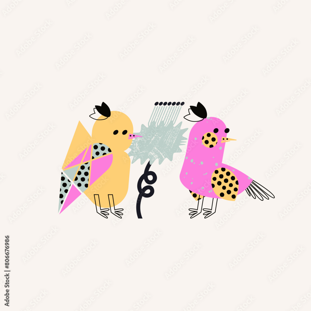 Fototapeta premium Exotic tropical birds and a flower in a simple style. Cute vector design, postcard, illustration