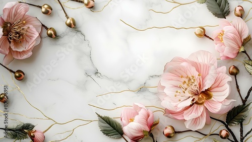 Delicate Floral Design on White Paper with Gold Accents. Concept Floral Design, White Paper, Gold Accents photo