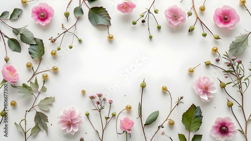 A white paper with pink flowers gold buds green leaves and veins. Concept Are you looking for a description of this image or do you need assistance with creating a different topic 