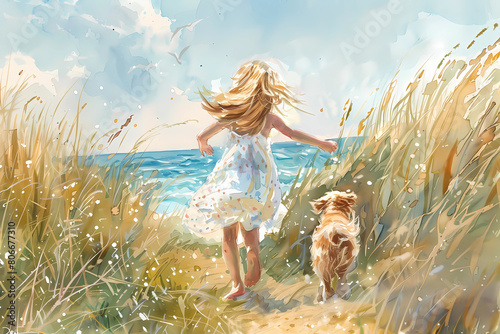 A girl  in a white dress and a dog are running along the seashore. Happiness, summer, vacation, vacations. Watercolor illustration.