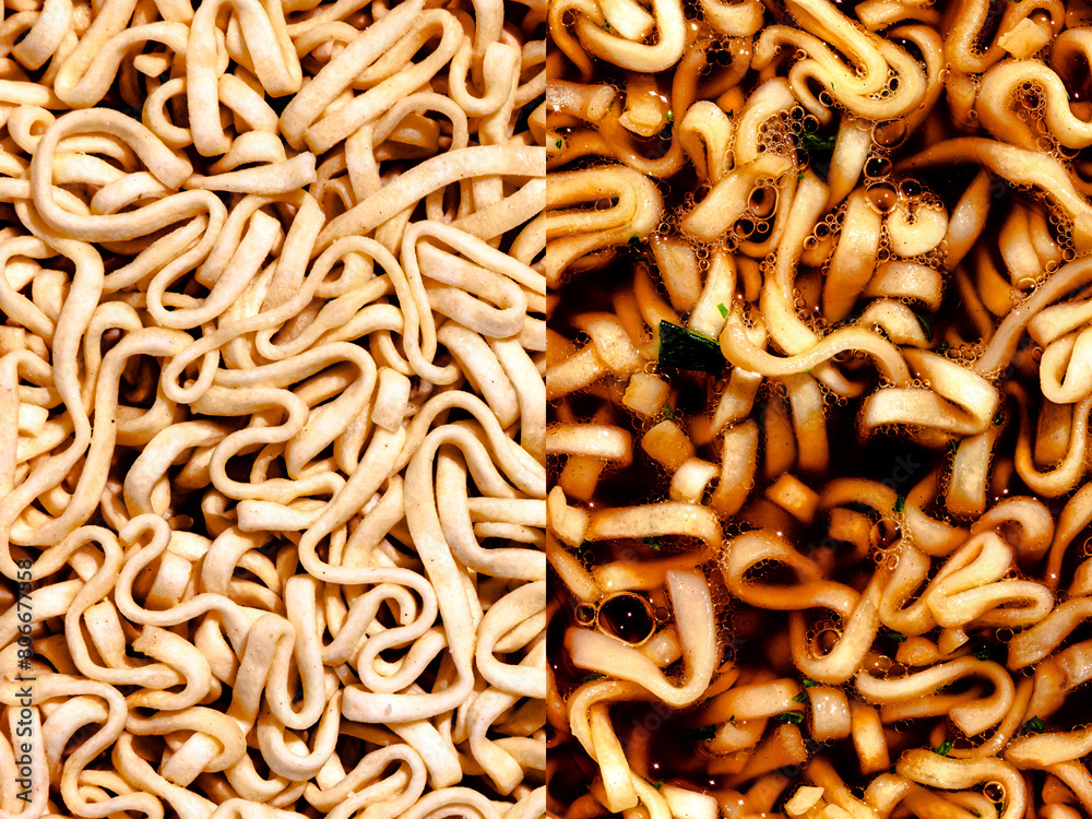 Multiple image of raw and cooked ramen noodles Multiple image of raw and cooked ramen noodles
