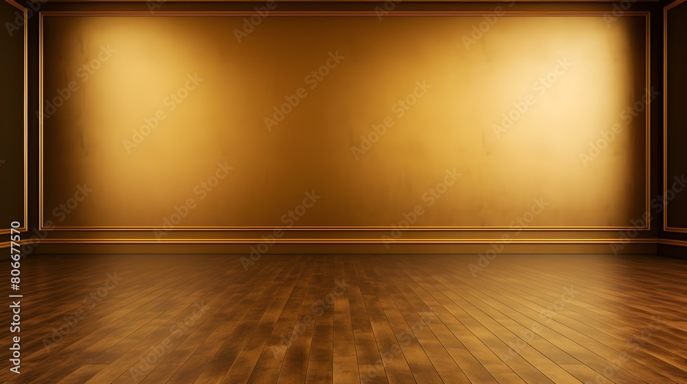 Gold Wall with wooden Flooring. Empty Room for Product Presentation Gold Wall with wooden Flooring. Empty Room for Product Presentation