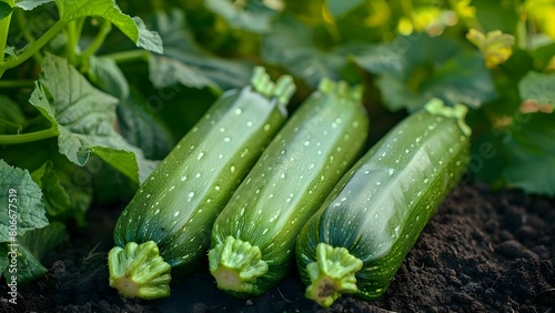 Zucchinis Growing in a Sunny Garden  Fresh Ingredients for Healthy Meals. Concept Vegetable Gardening  Healthy Eating  Homegrown Produce  Sunny Gardens  Zucchini Recipes