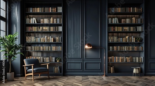 Elegant Library Room with Dark Wood Shelves, Blue Accents and Reading Chair