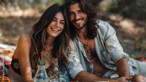 Bohemian couple enjoying cannabis with a bong in a relaxed setting. Concept Bohemian, Cannabis, Bong, Relaxation, Intimate photo