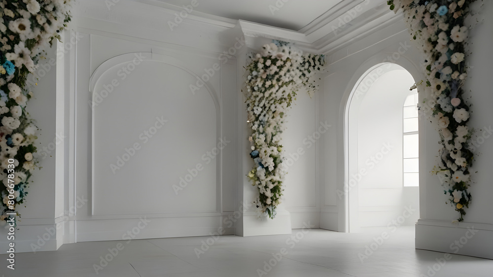 Fototapeta premium Generative AI of white room with arch and flowers