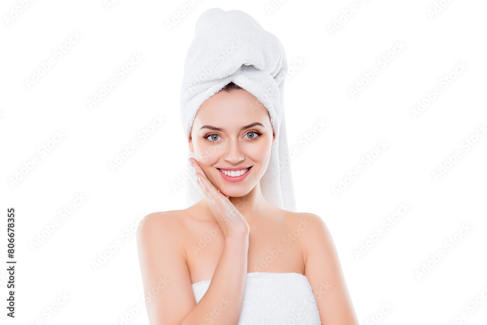 Portrait of cute sexy woman after shower with towel on head touching enjoying perfect soft face skin isolated on white background. Wellbeing mask lotion scrub hydration complexion concept Portrait of cute sexy woman after shower with towel on head touching enjoying perfect soft face skin isolated on white background. Wellbeing mask lotion scrub hydration complexion concept