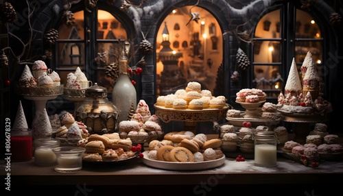 Christmas cookies and sweets on the table in the shop window. Christmas background