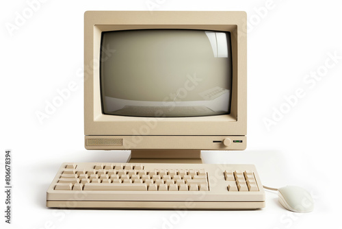 Classic beige computer with keyboard and mouse isolated on white, symbolizing early computing era