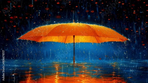 Rain water wets an umbrella floating above the ground when the rainy season arrives with a blur background and urban atmosphere, with the concept of aesthetics, tranquility, meteorology, imagination, 