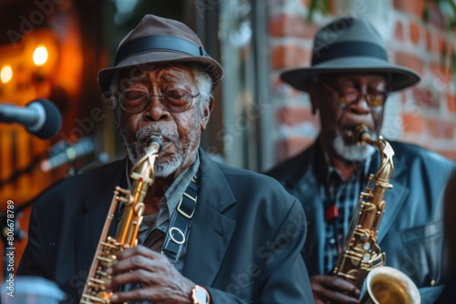 Elderly African American jazz musicians perform soulfully at a street event  using saxophones.