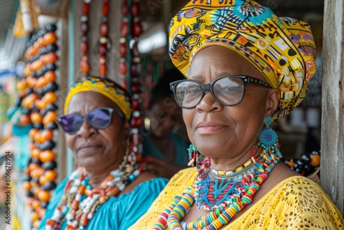 Elderly African women in vibrant traditional attire stand proudly in front of a bead shop.